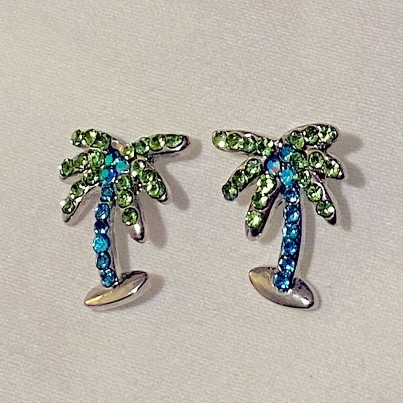 Silver blue and green palm tree stud earrings - Picture 1 of 3